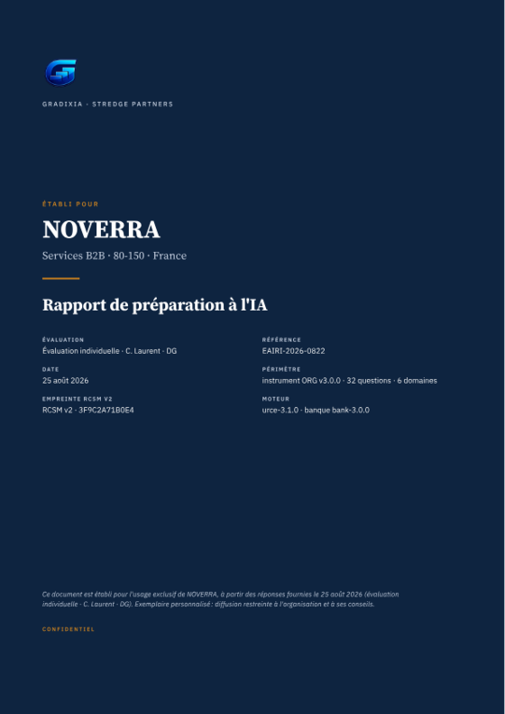 Page de couverture du rapport : le nom de l'organisation, le périmètre, la date et l'empreinte.